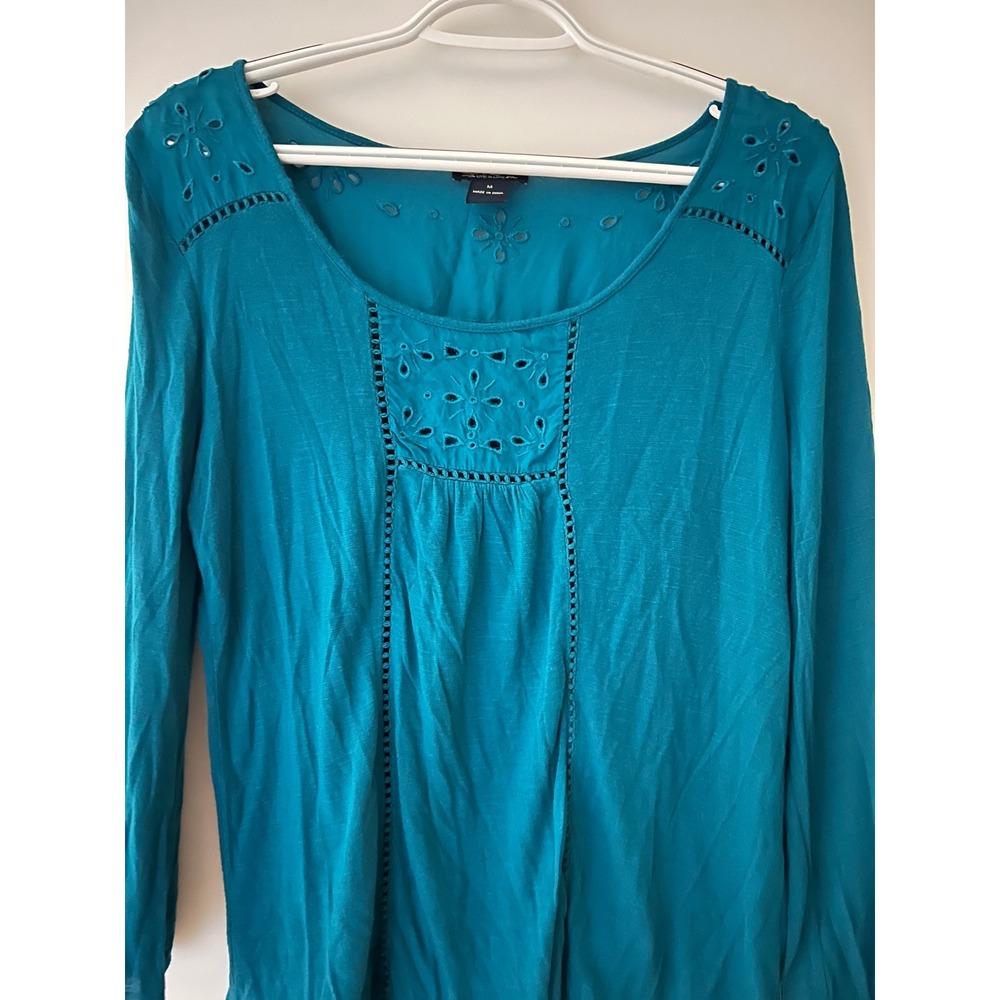 Lucky Brand Teal Blue‎ Eyelet Lace Embroidered Long Sleeve Boho Blouse Medium - Picture 4 of 10